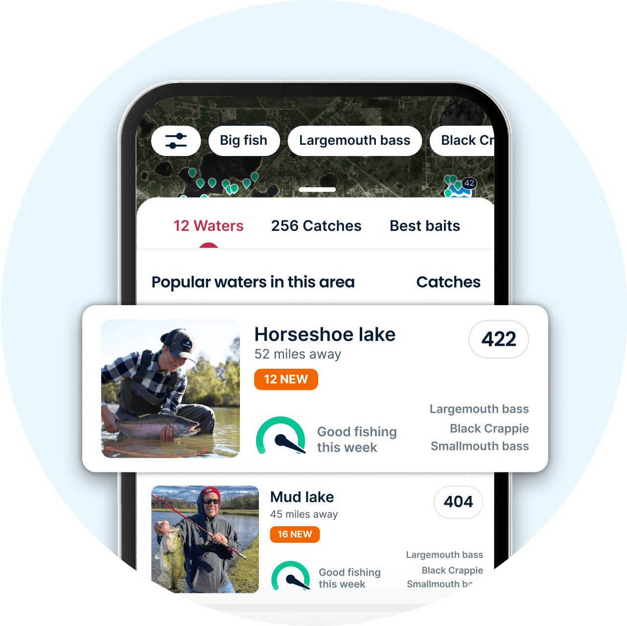 Instant overviews of each fishing water in the Fishbrain app