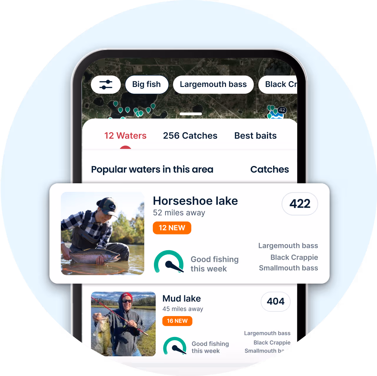Instant overviews of each fishing water in the Fishbrain app